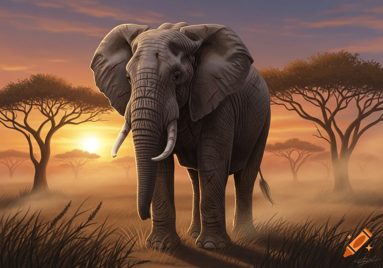 A detailed illustration of a large elephant with minor injuries standing in a savanna at sunset, with acacia trees in the misty background.