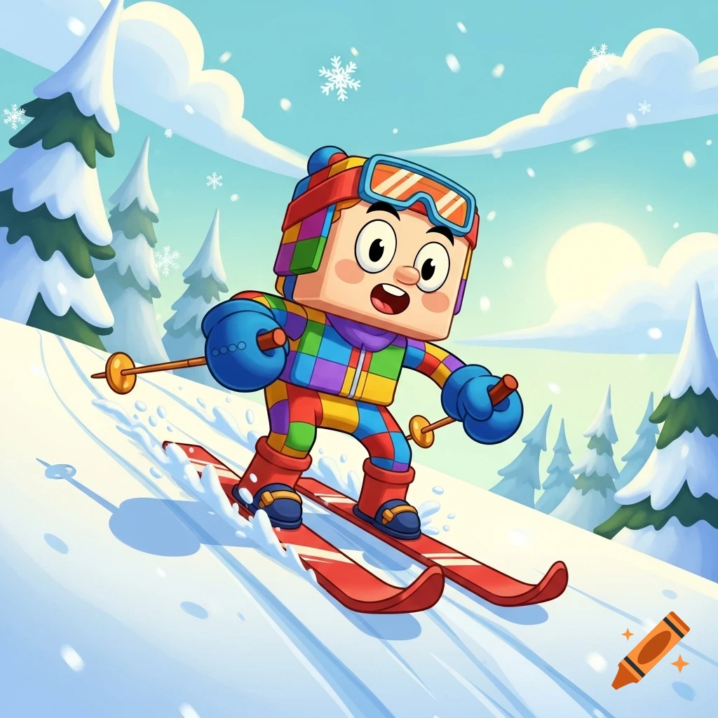 A colorful, blocky cartoon character skis down a snowy mountain slope with pine trees and a blue sky.