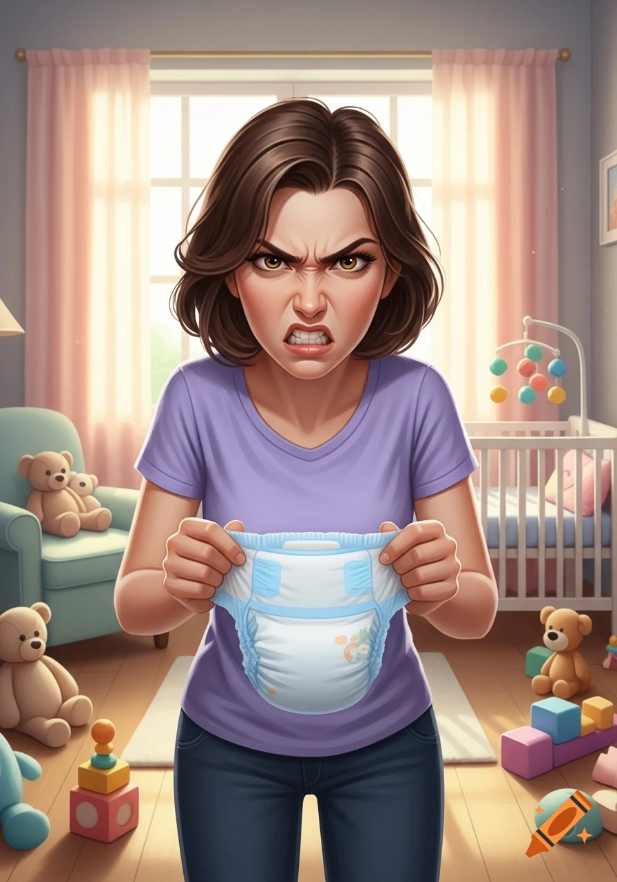 Stylized illustration of an angry woman holding a diaper in a bright nursery with a crib and toys.