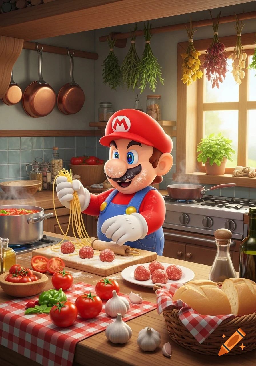 Mario, covered in flour, cooking spaghetti and meatballs in a rustic kitchen, surrounded by fresh ingredients.