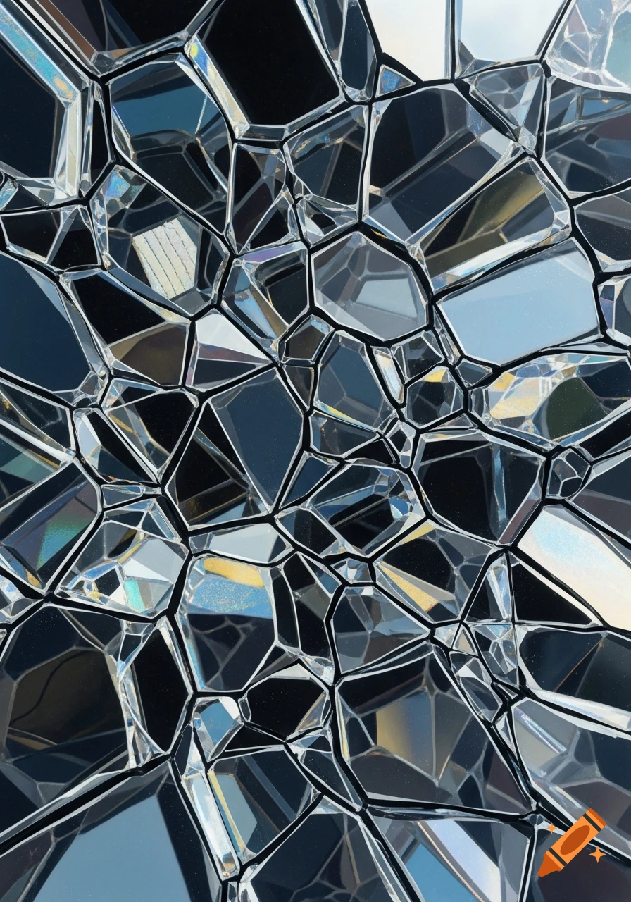 Abstract pattern of clear, sharp-edged glass fragments reflecting light.