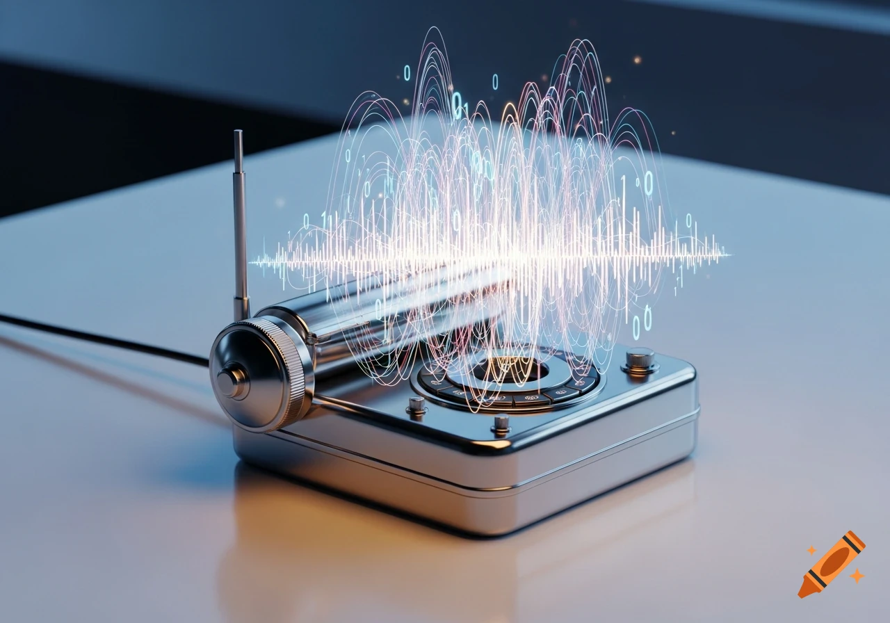 A shiny chrome dictaphone emits a glowing digital waveform with binary 0s and 1s floating above it, against a soft-lit background.