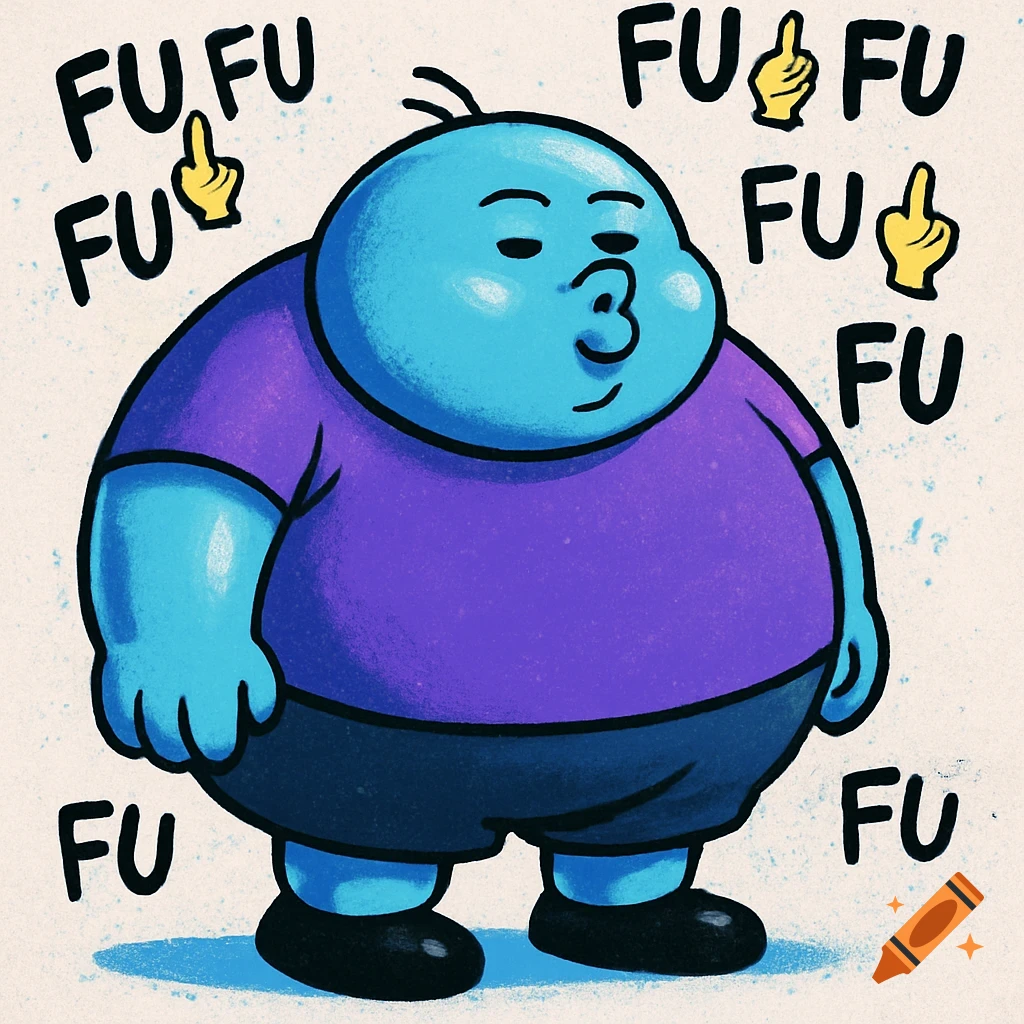 A round, blue cartoon character with a purple t-shirt and black shorts makes a kissing face, surrounded by "FUFUFU" text and stylized middle finger gestures.