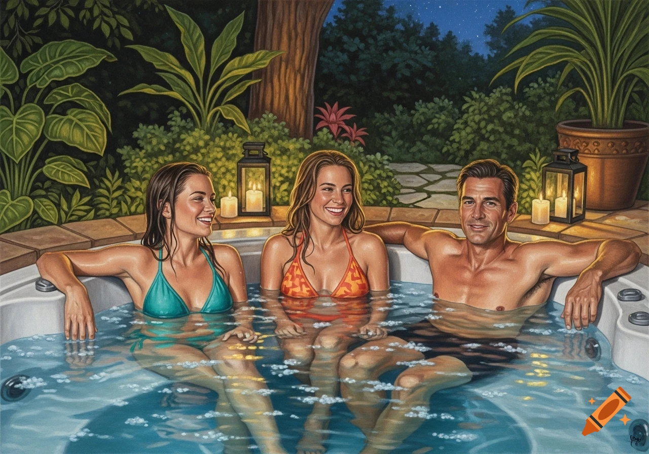 Three smiling people, two women in bikinis and one man, relaxing in an outdoor hot tub at night with lush plants and lanterns.