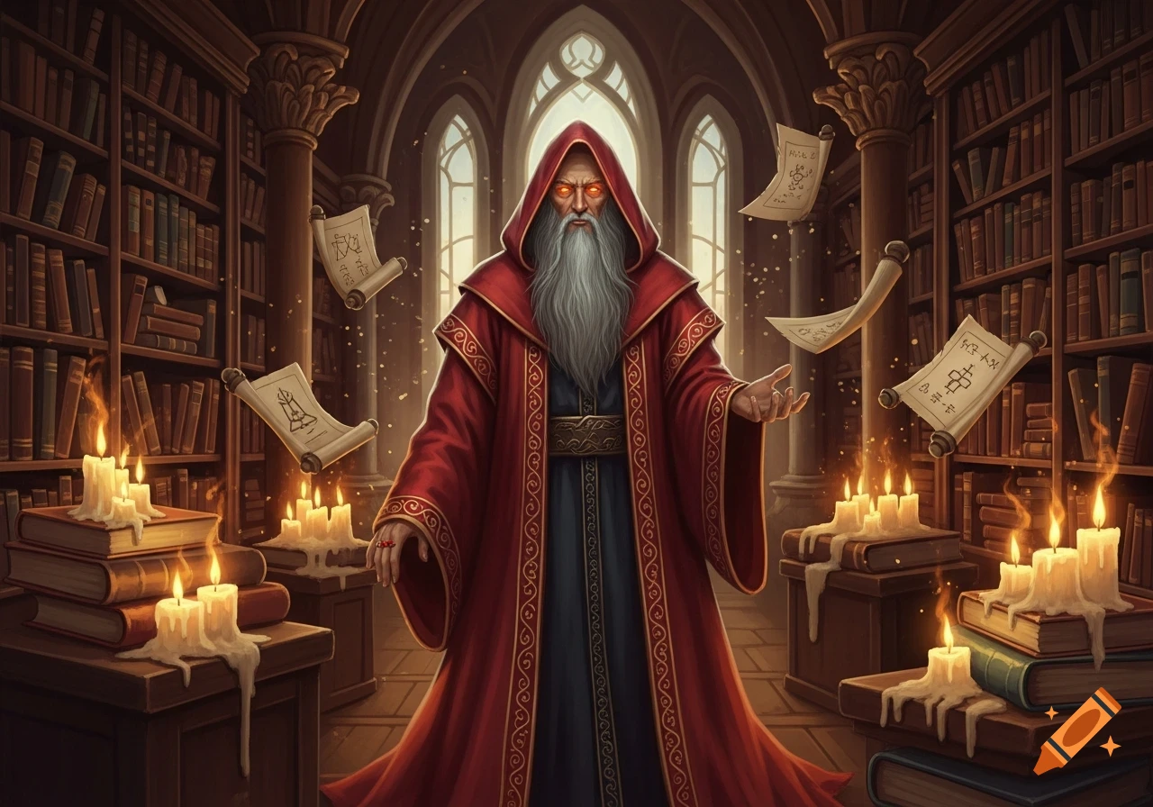 A wise wizard with a long white beard and glowing red eyes, wearing a red robe, stands in a mystical library with floating scrolls and lit candles.