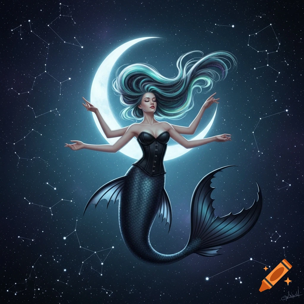 A four-armed mermaid with flowing blue hair and a black corset floats ...