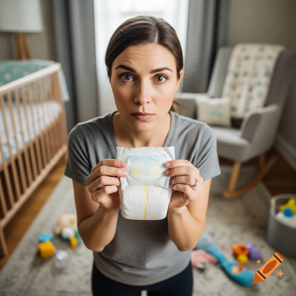 A concerned woman holds a clean baby diaper in a nursery, with a crib and toys in the background.