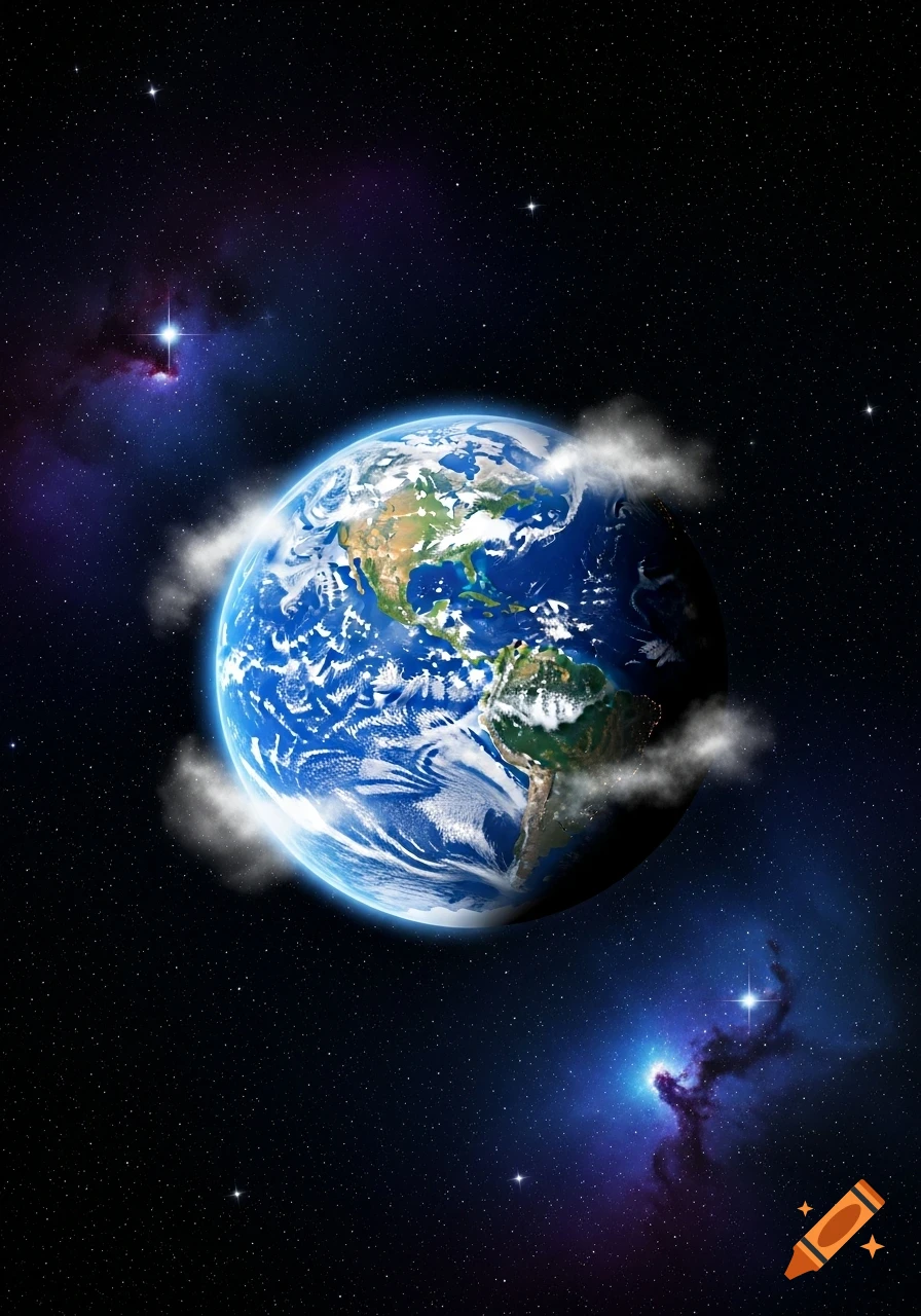 A vibrant image of Earth from space, partially obscured by wispy clouds, against a dark, star-filled cosmos with colorful nebulae.