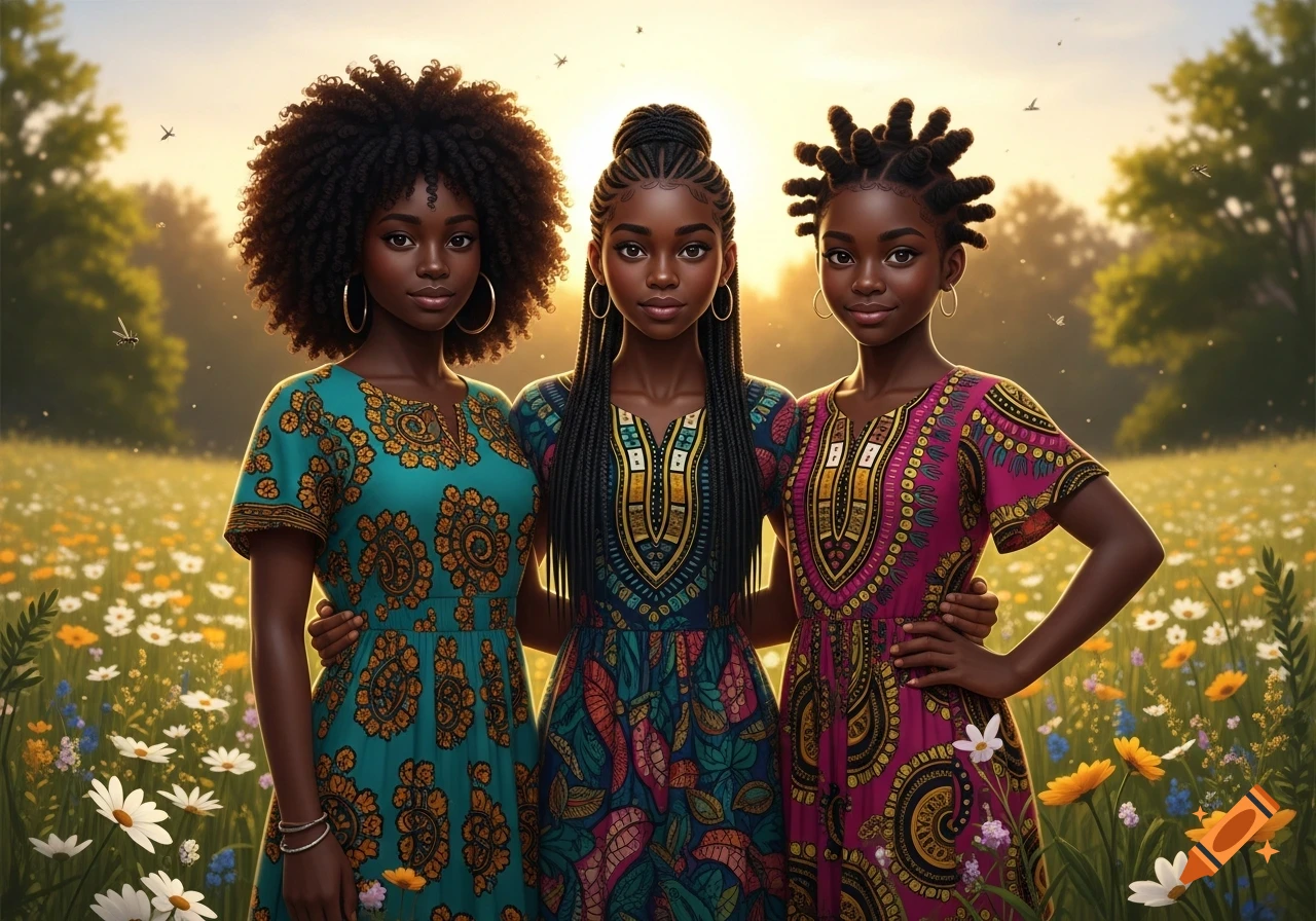 Three young Black women with diverse hairstyles and vibrant patterned dresses stand in a sunny field of wildflowers.
