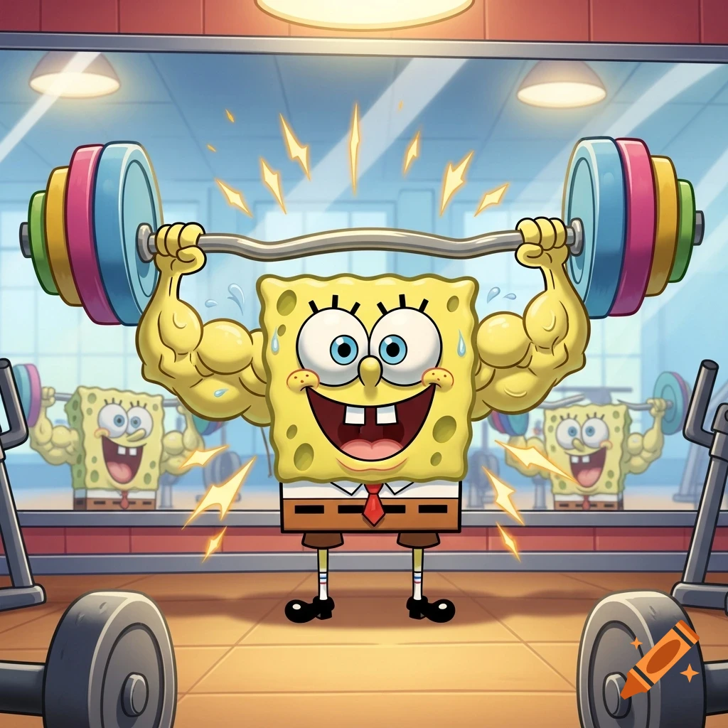 Cartoon Spongebob Squarepants flexes his large biceps while lifting a colorful barbell in a gym with mirror reflections.