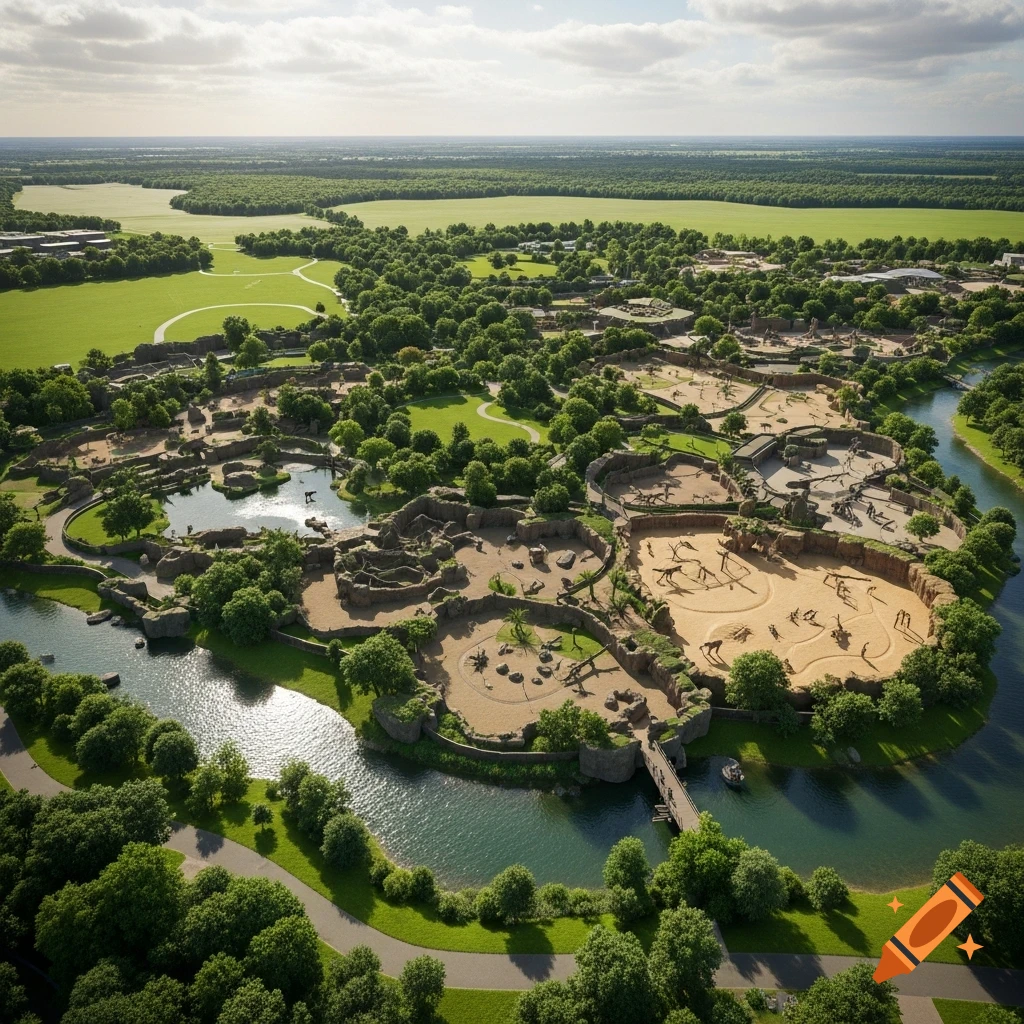 Aerial view of a large zoo featuring diverse enclosures, sandy habitats, lush trees, green fields, and a winding river under a bright sky.