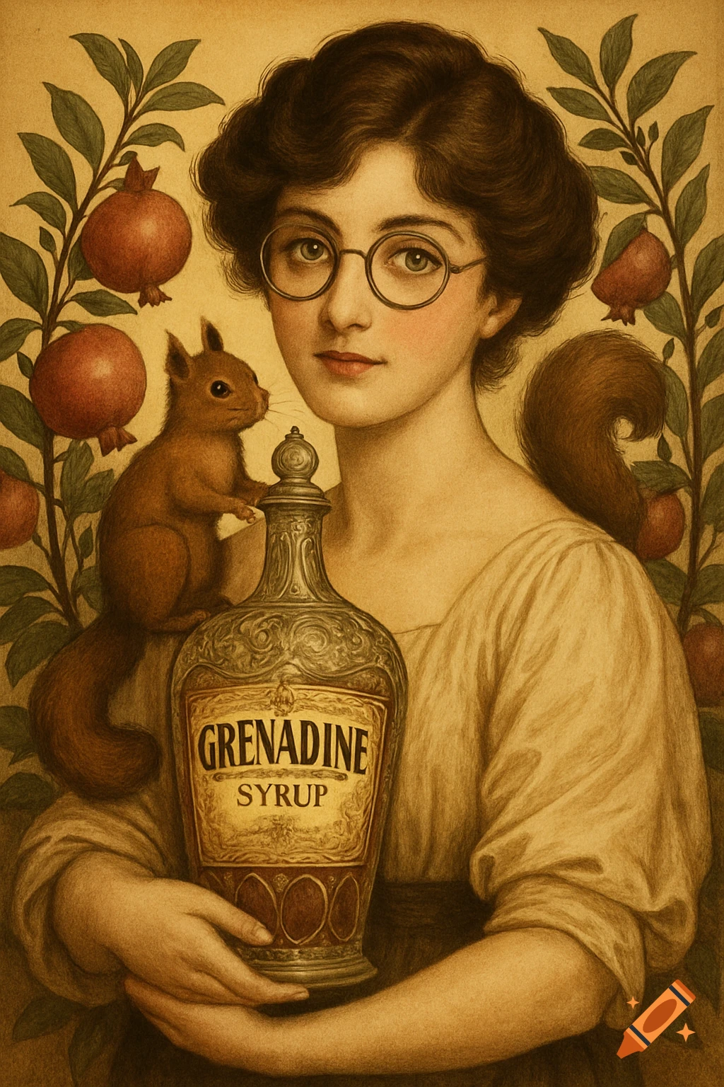 Vintage Edwardian art of a woman in glasses holding a grenadine syrup bottle, with a squirrel on her shoulder and pomegranates.