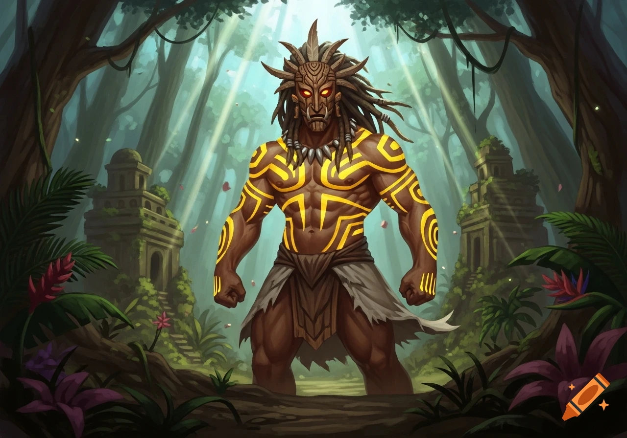 A muscular man with dreadlocks, a tribal mask with glowing amber eyes, and yellow tribal markings stands in an ancient jungle with ruins, in an illustration style.