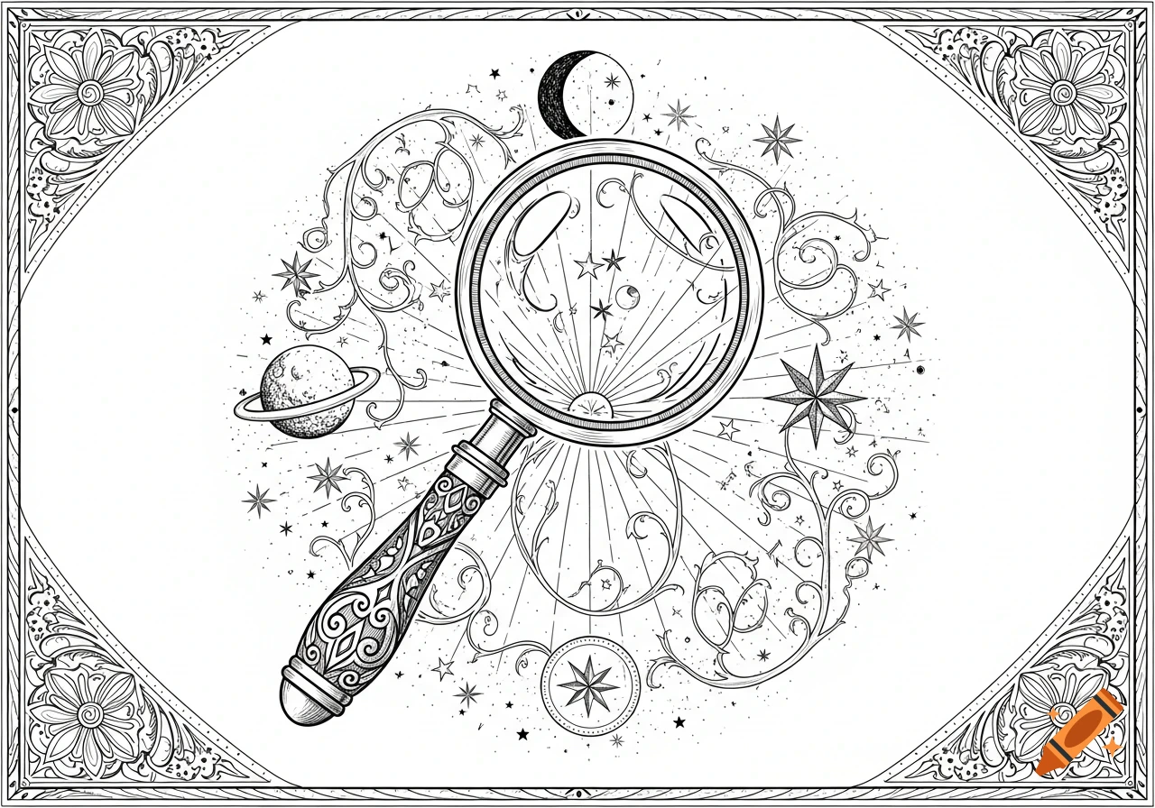 A black and white pen and ink drawing in tarot card style depicting a magnifying glass surrounded by celestial elements and an ornate floral border.