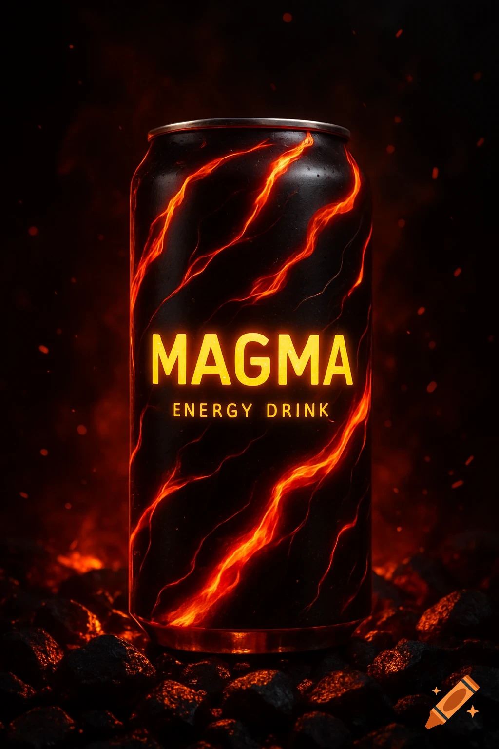 A black energy drink can with glowing orange magma patterns, labeled "MAGMA ENERGY DRINK", stands on dark rocks amidst fire and embers.