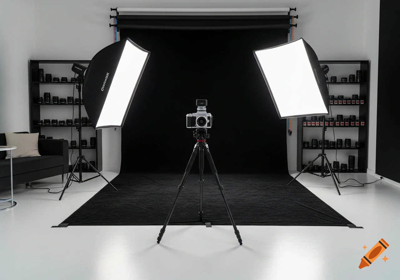 A professional photography studio setup with a camera on a tripod, two large softboxes, and a black backdrop.