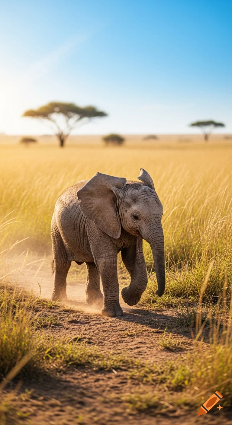 A cute baby elephant walks on a dusty path through a sunny, golden savannah with tall grass and distant acacia trees.
