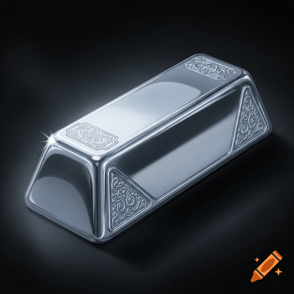 A shiny silver ingot with ornate decorative patterns on its top and sides, set against a dark background.
