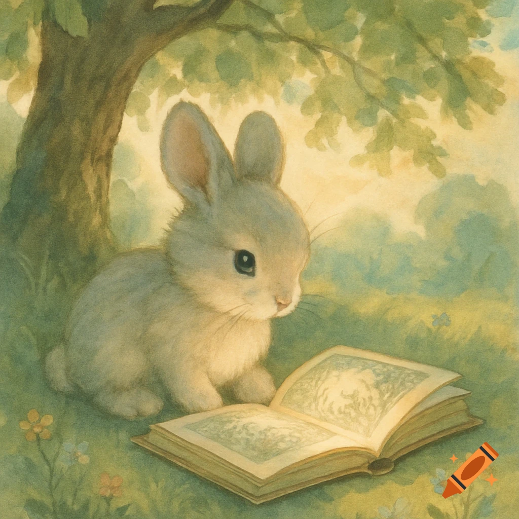A cute bunny sits under a tree, intently looking at an open book, in a soft watercolor illustration style.