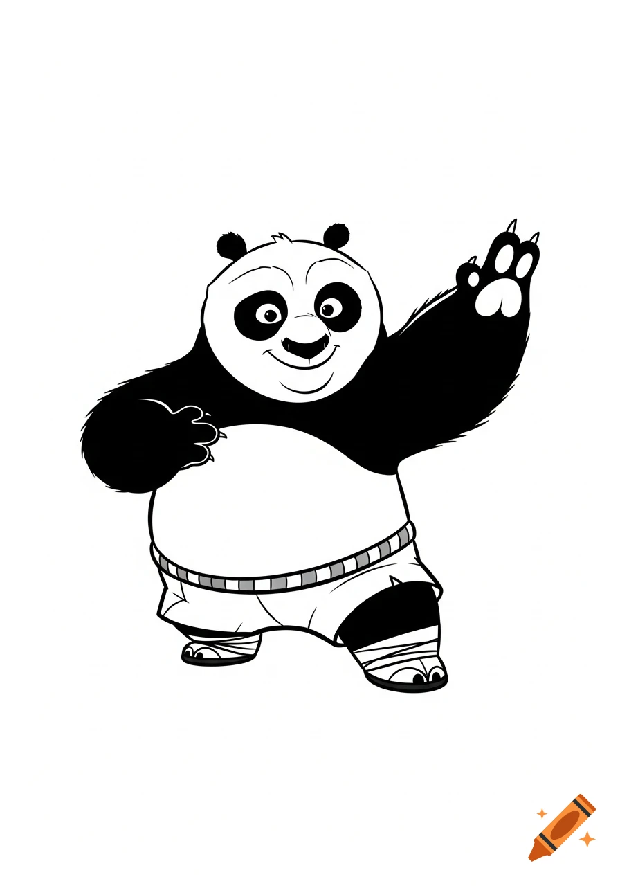A black and white cartoon illustration of Po from Kung Fu Panda, smiling with one arm raised.