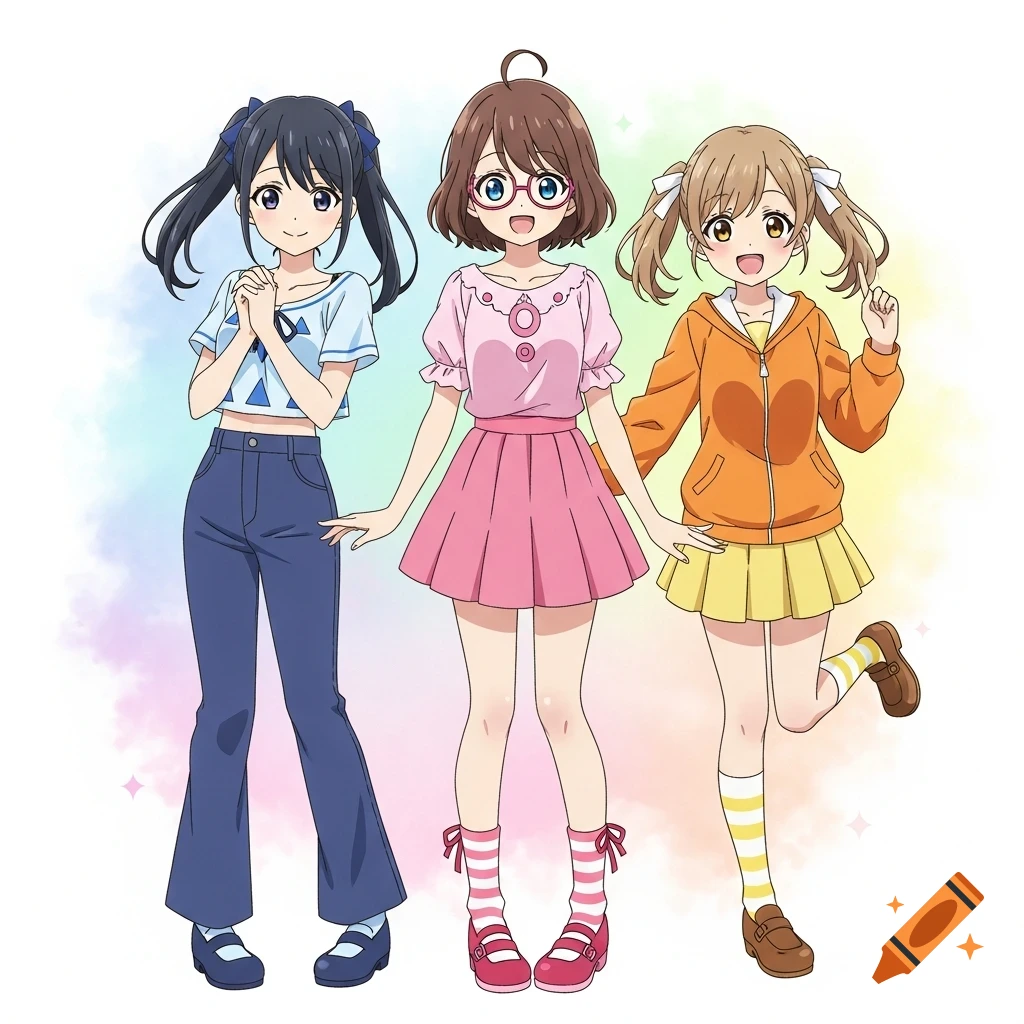 Three smiling anime girls in colorful outfits: one in blue, one in pink, and one in orange and yellow.