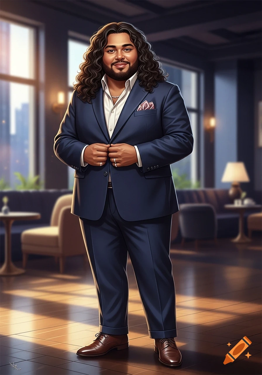 A man with long curly hair and a beard, wearing a blue suit, smiles while buttoning his jacket in an upscale lounge.