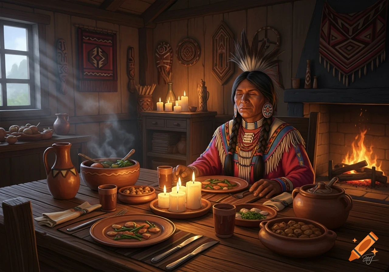 An indigenous person in traditional attire sits at a rustic dinner table with eyes closed, surrounded by candles and a warm fireplace.