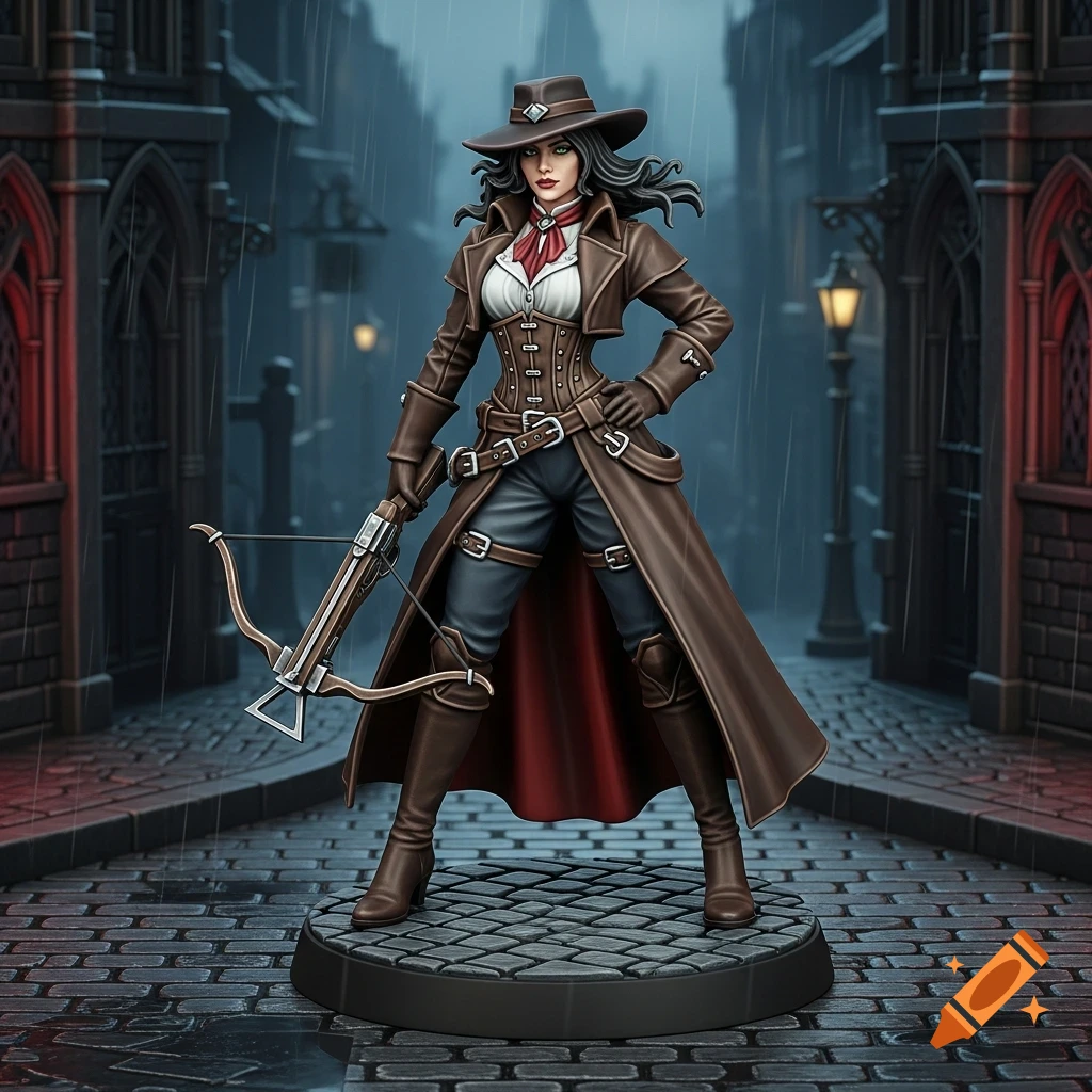A female vampire hunter miniature in a brown coat and hat, holding a crossbow, stands on a cobblestone street in a rainy gothic city.