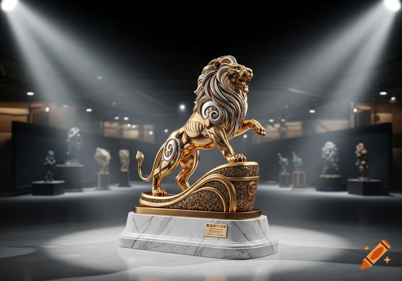 A golden and silver lion statue trophy with intricate details on a marble base, spotlighted in a dark exhibition hall.