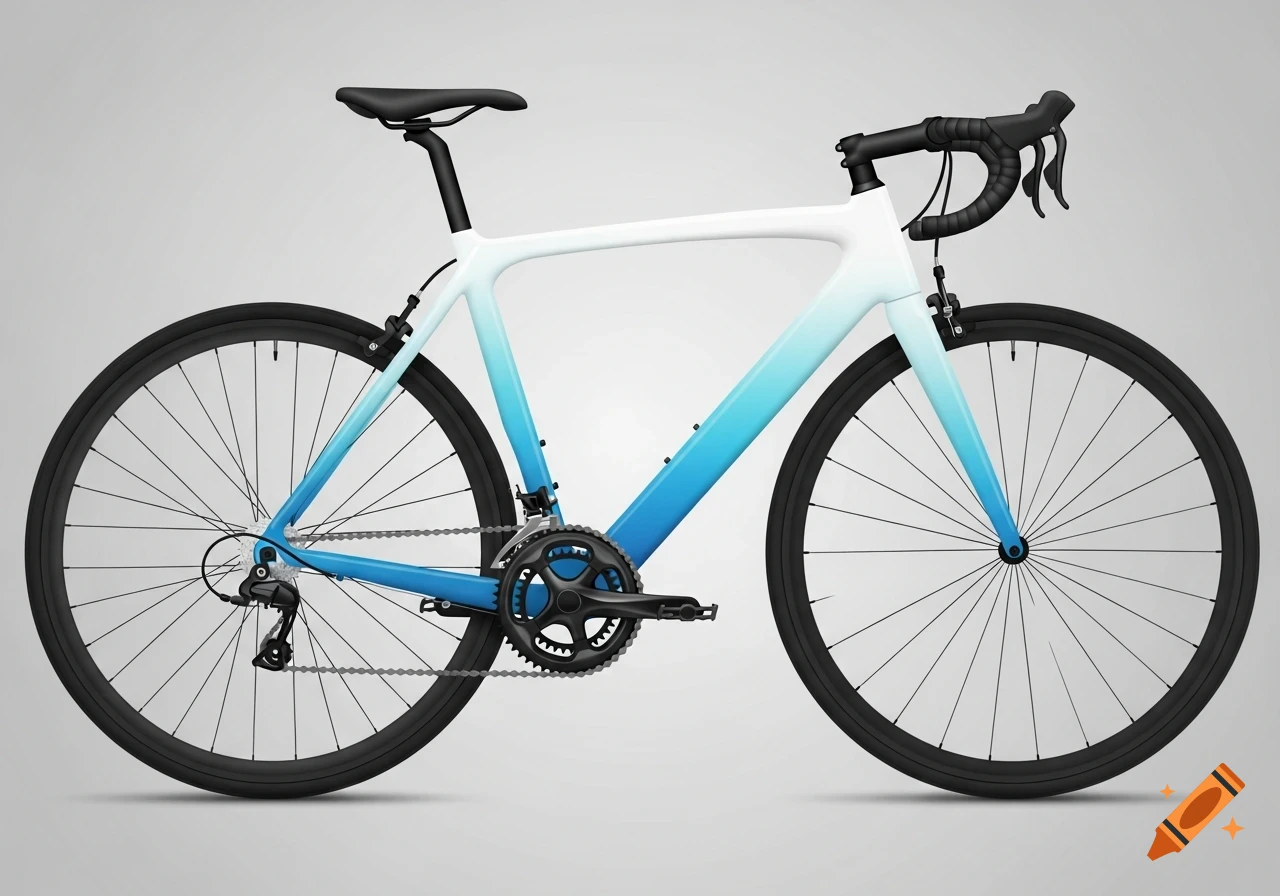 A sleek racing bicycle features a frame that transitions from blue at the bottom to white at the top, with black wheels and components.