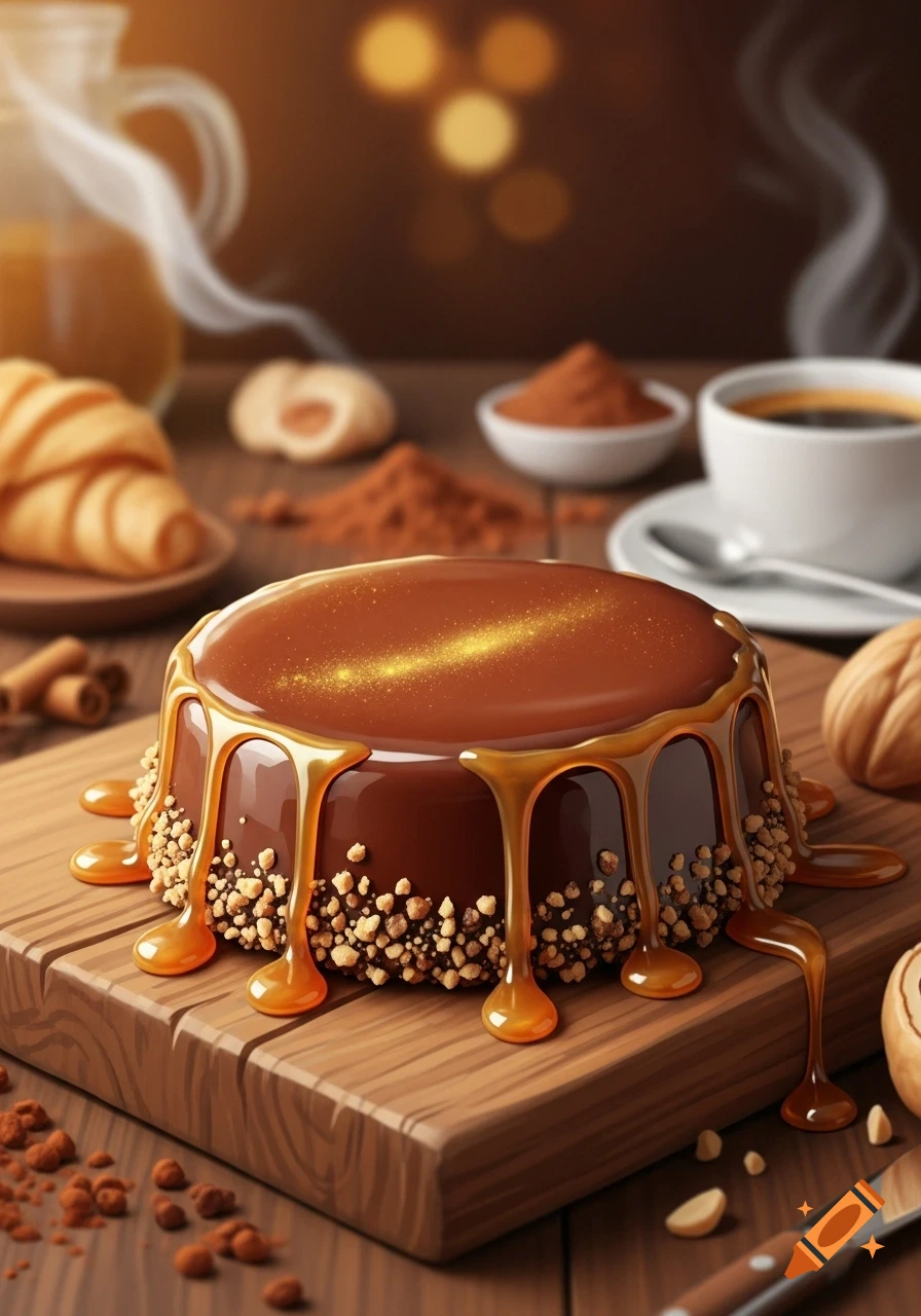 A rich chocolate cake with gold-dusted caramel sauce and nuts on a wooden board, with blurred croissants and coffee.