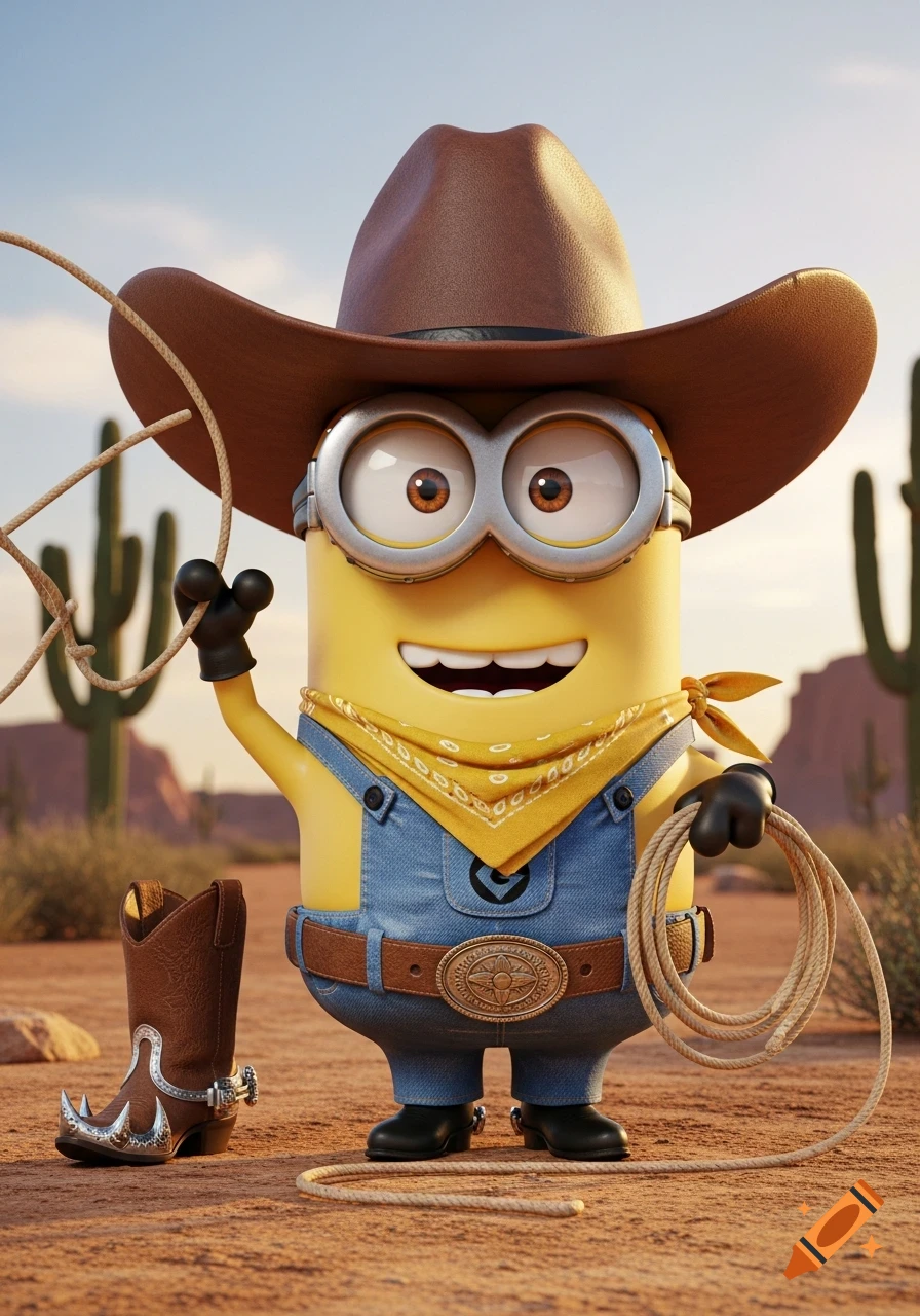 A 3D rendered Minion character dressed as a cowboy, wearing a hat and bandana, holding a lasso in a desert landscape with cacti.