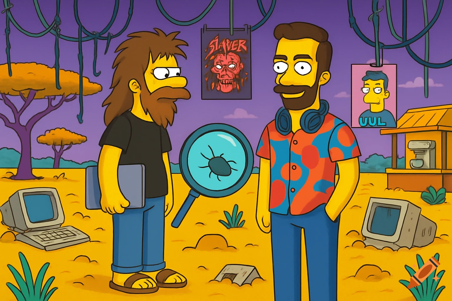 Two Simpsons-style developer characters in a 'digital savanna' with old computers and a magnifying glass over a bug. One has long hair and a beard, holding a laptop; the other has a neat beard, wearing headphones and a colorful shirt. Metal band posters hang in the background.