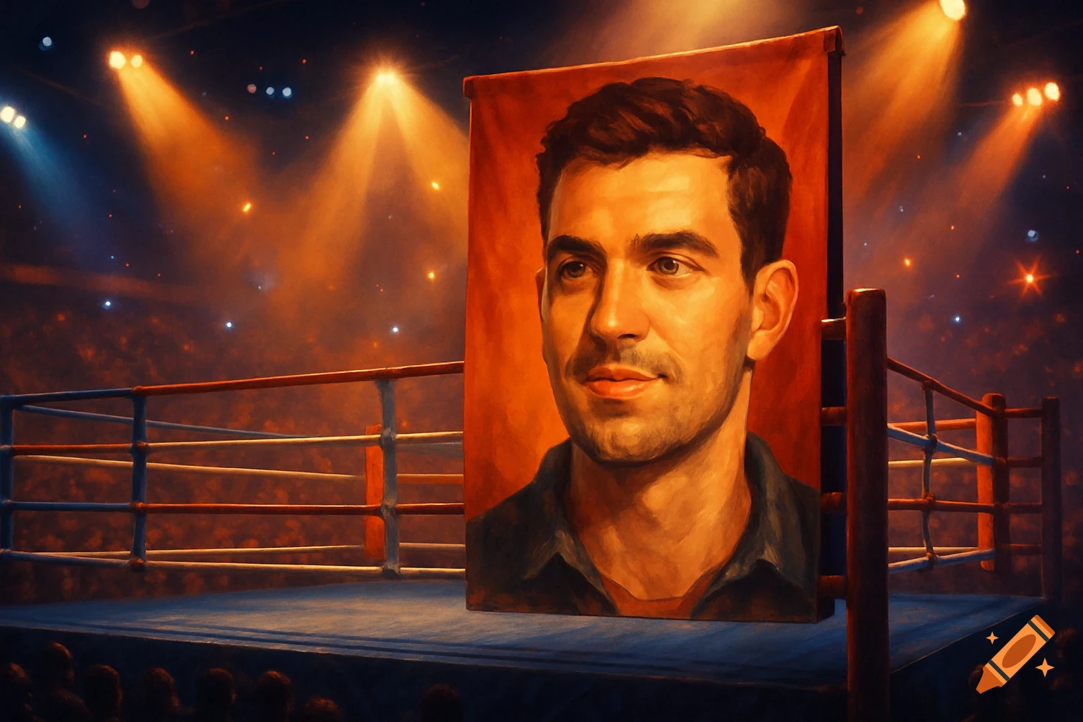 A man's portrait on a banner standing in the middle of a boxing ring, illuminated by bright stadium lights.