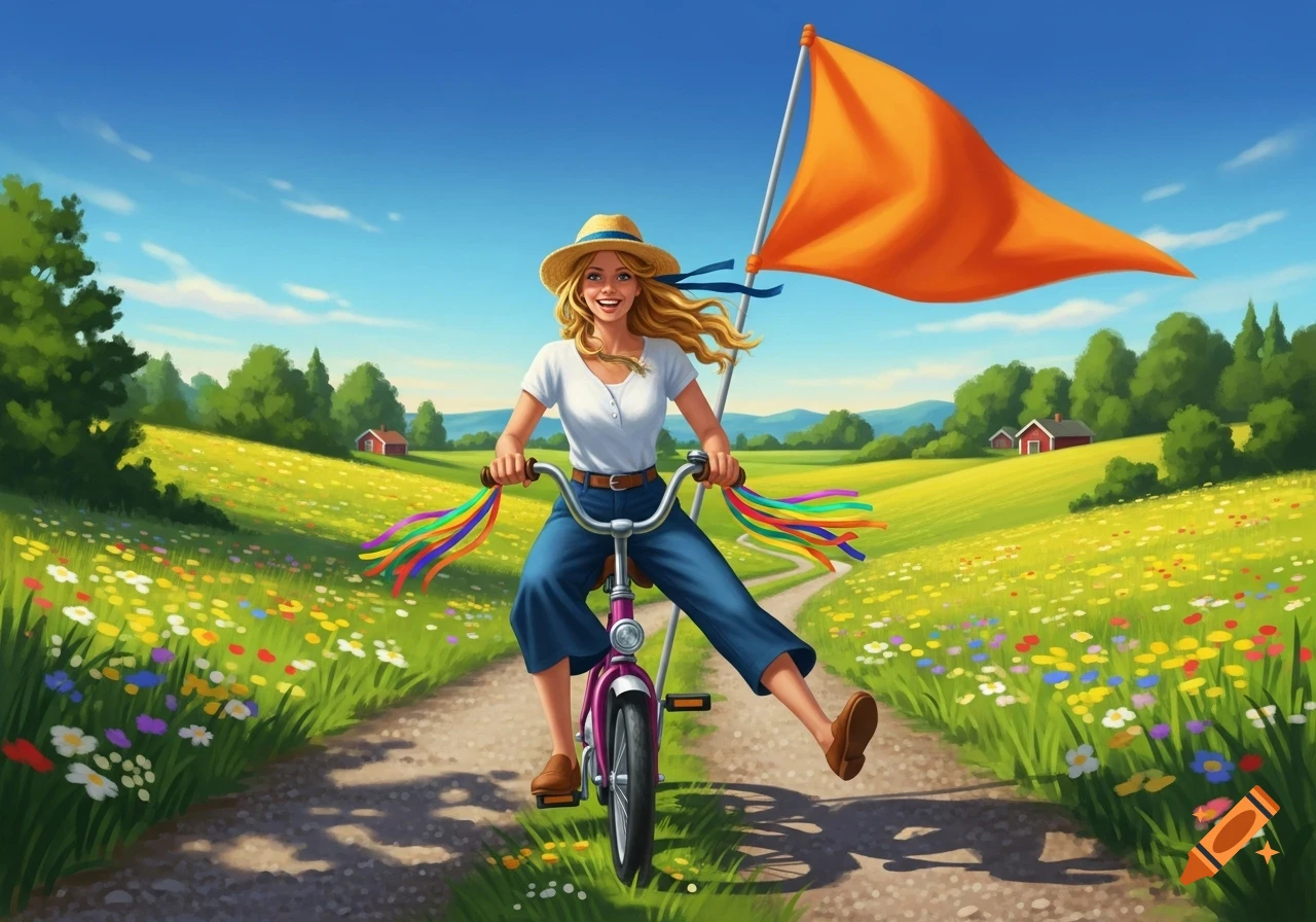 A happy woman in a straw hat rides a bike with colorful ribbons through a vibrant, sunny flower field, an orange flag flying, digital art.