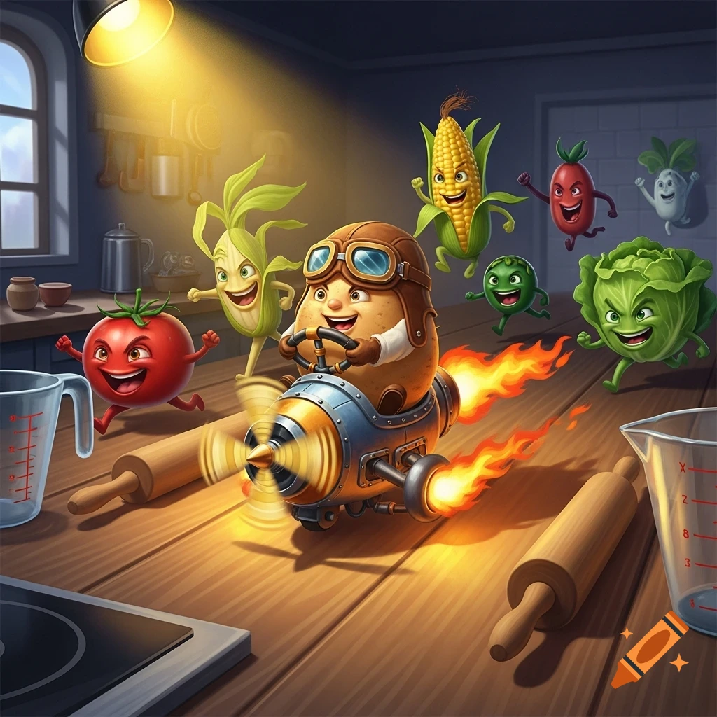 A happy potato in pilot gear drives a flaming rocket-powered vehicle across a kitchen counter, chased by other smiling cartoon vegetables like a tomato, corn, radish, and cabbage.