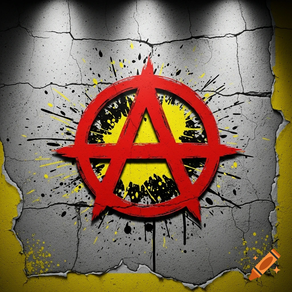 A red anarchy symbol splattered with yellow and black paint on a cracked gray concrete wall with yellow torn edges.