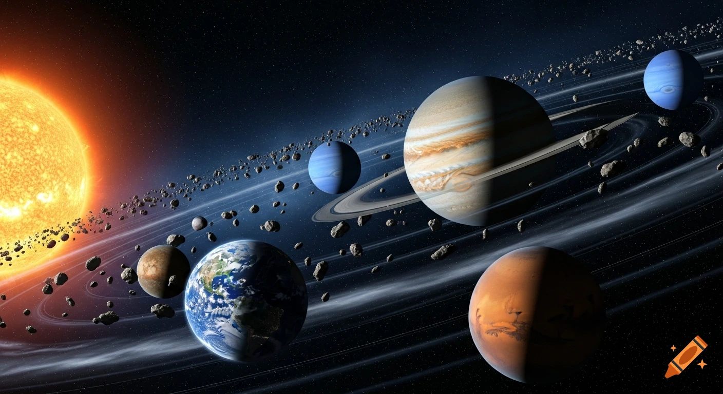 Photorealistic cinematic view of the solar system with the sun, Earth, Mars, Jupiter, Neptune, and asteroids.