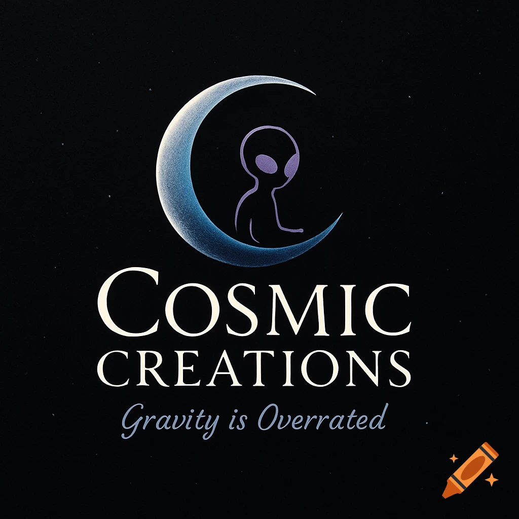 A logo with a crescent moon forming a 'C', a purple alien sitting in it, and text 'Cosmic Creations Gravity is Overrated' on a black starry background.