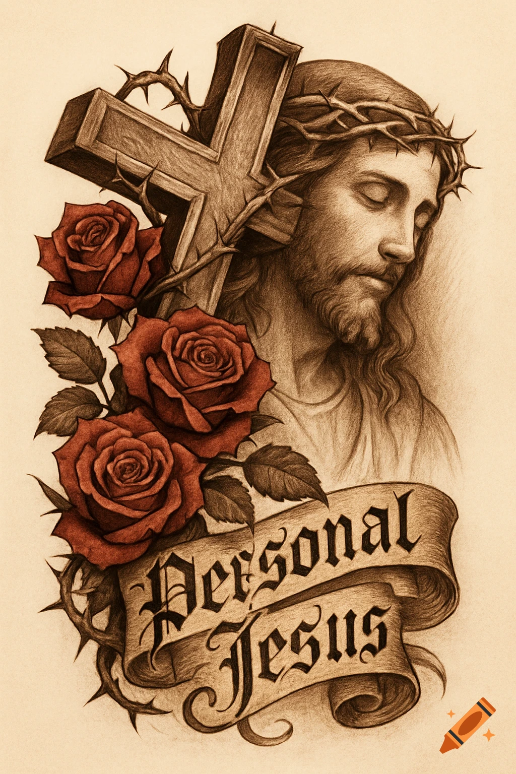 Sepia-toned pencil drawing of Jesus with a crown of thorns, cross, red roses, and a banner reading 'Personal Jesus'.