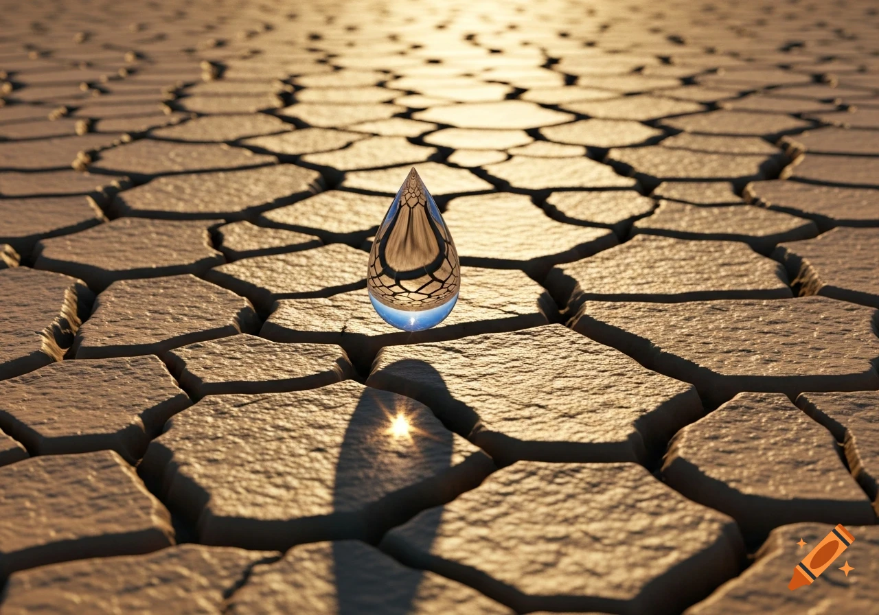 A shimmering water droplet on a field of dry, cracked earth under warm sunlight.
