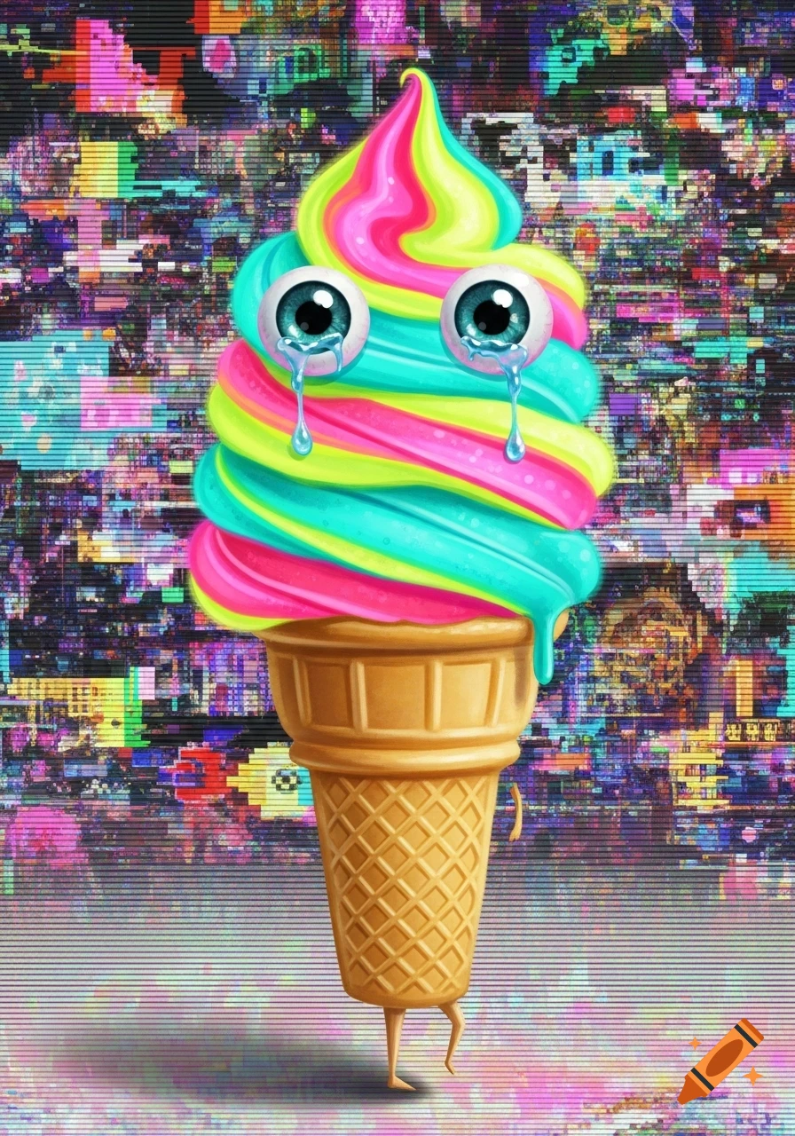 A vibrant, rainbow-colored ice cream cone with large, blue crying eyeballs and tiny legs walks against a colorful, glitchy background in a surreal, meme-like style.