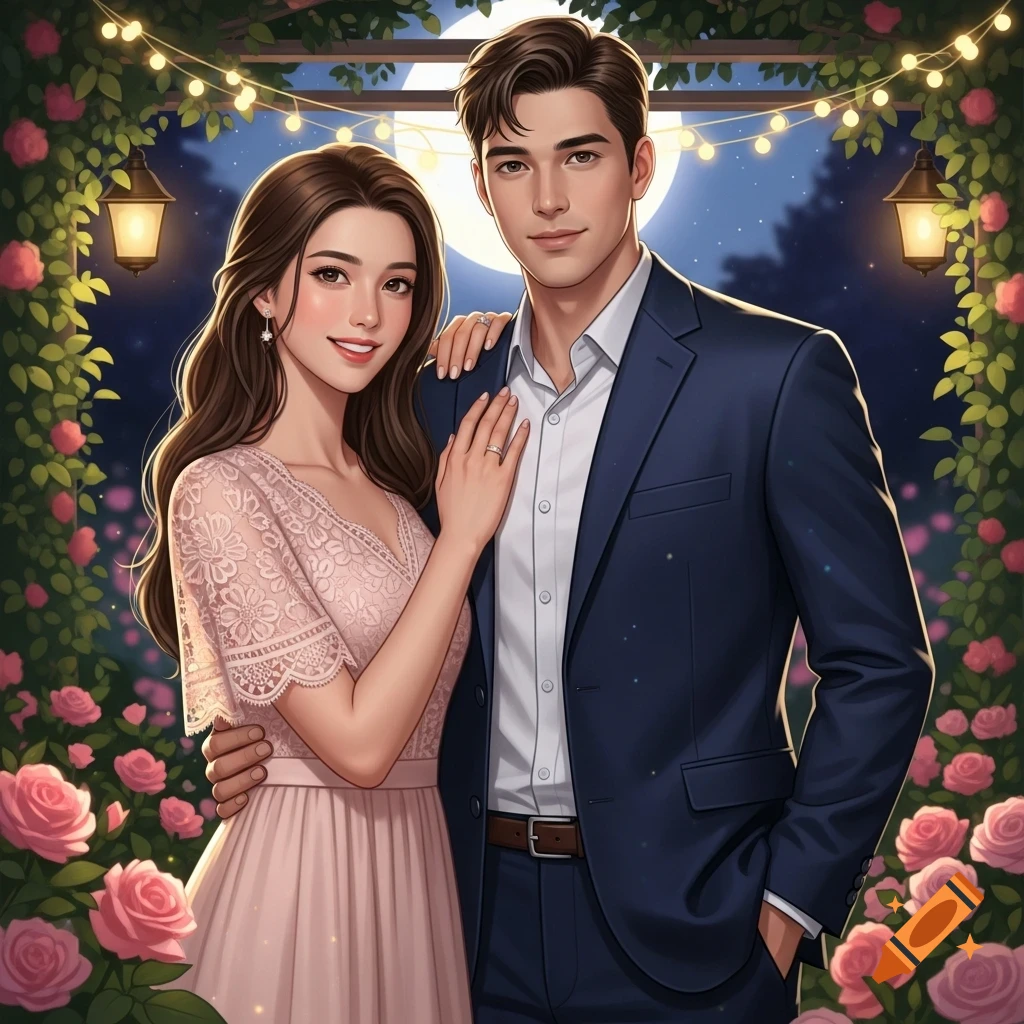 A smiling couple, a woman in a pink lace dress and a man in a navy suit, embrace under string lights and roses at night.