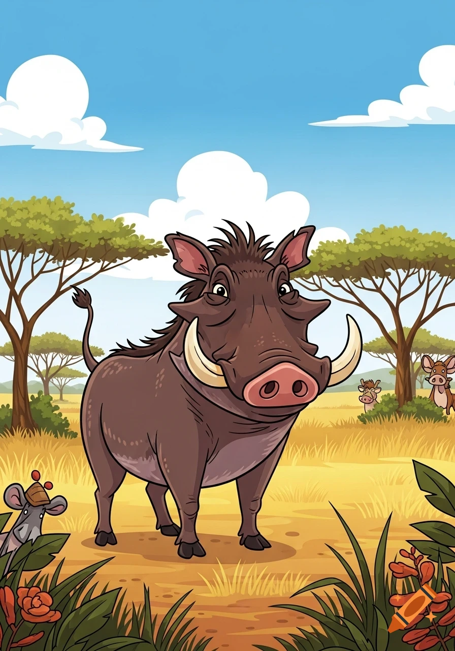 A cartoon warthog with tusks stands in a savanna landscape under a blue sky, with trees and other animals in the background.