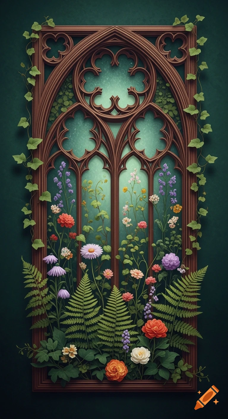 A decorative vertical gothic arched window frame, adorned with green ivy, filled with various colorful flowers and ferns against a teal background.