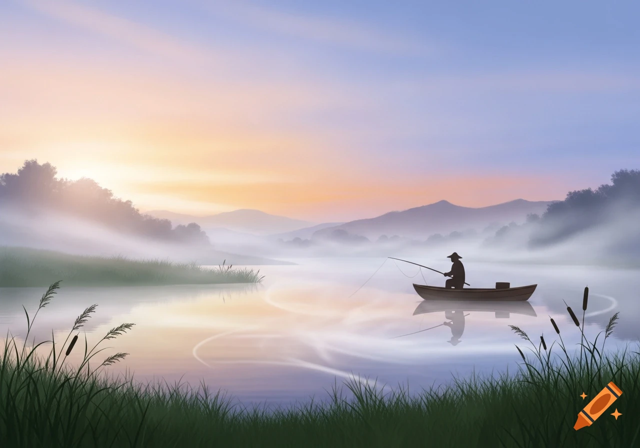 A lone fisherman in a small boat on a misty lake at sunrise, with mountains and trees in the background. Digital painting.