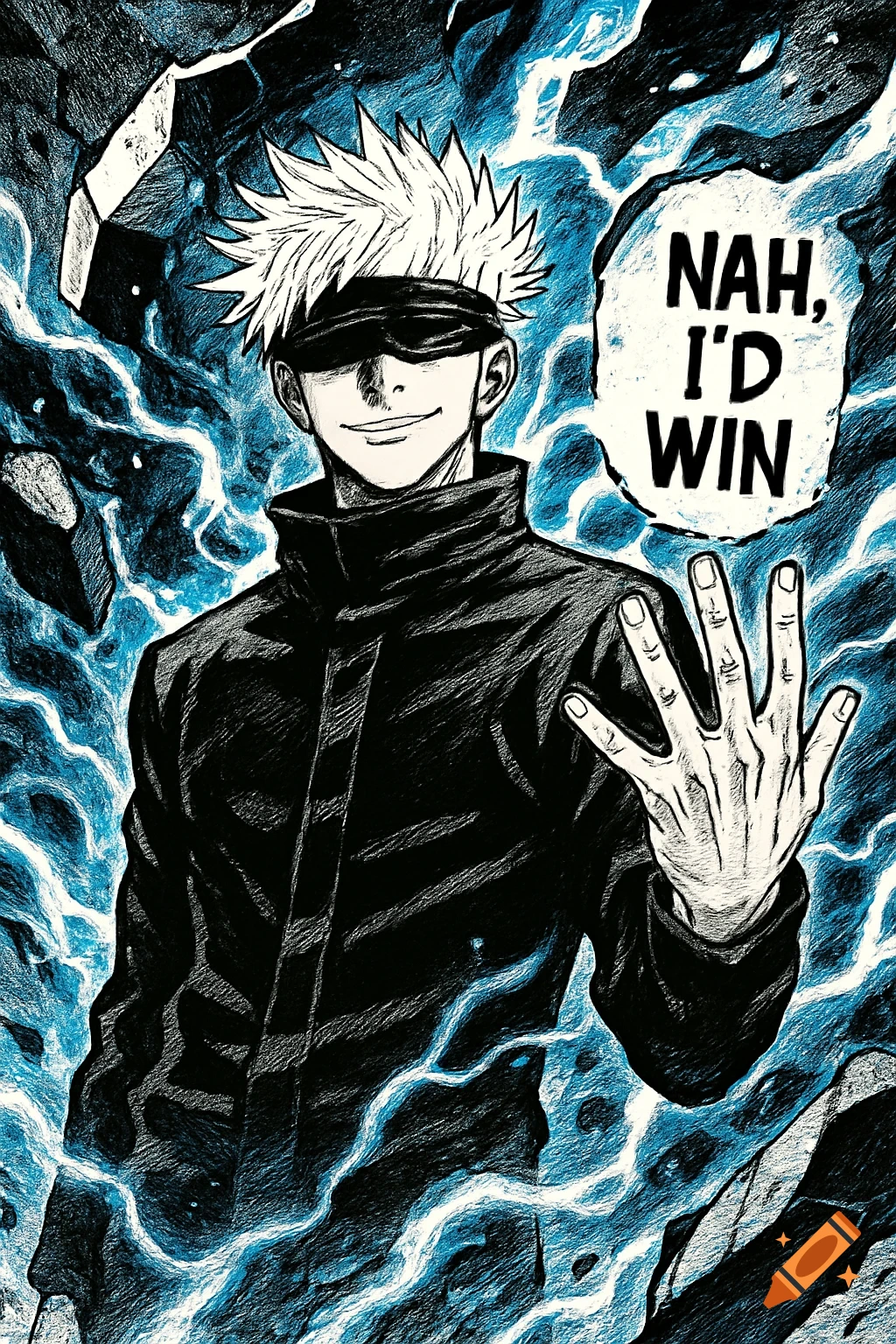 Gojo Satoru in manga style, wearing a blindfold and black jacket, holding up his hand, with a speech bubble saying 'Nah, I'd Win'.