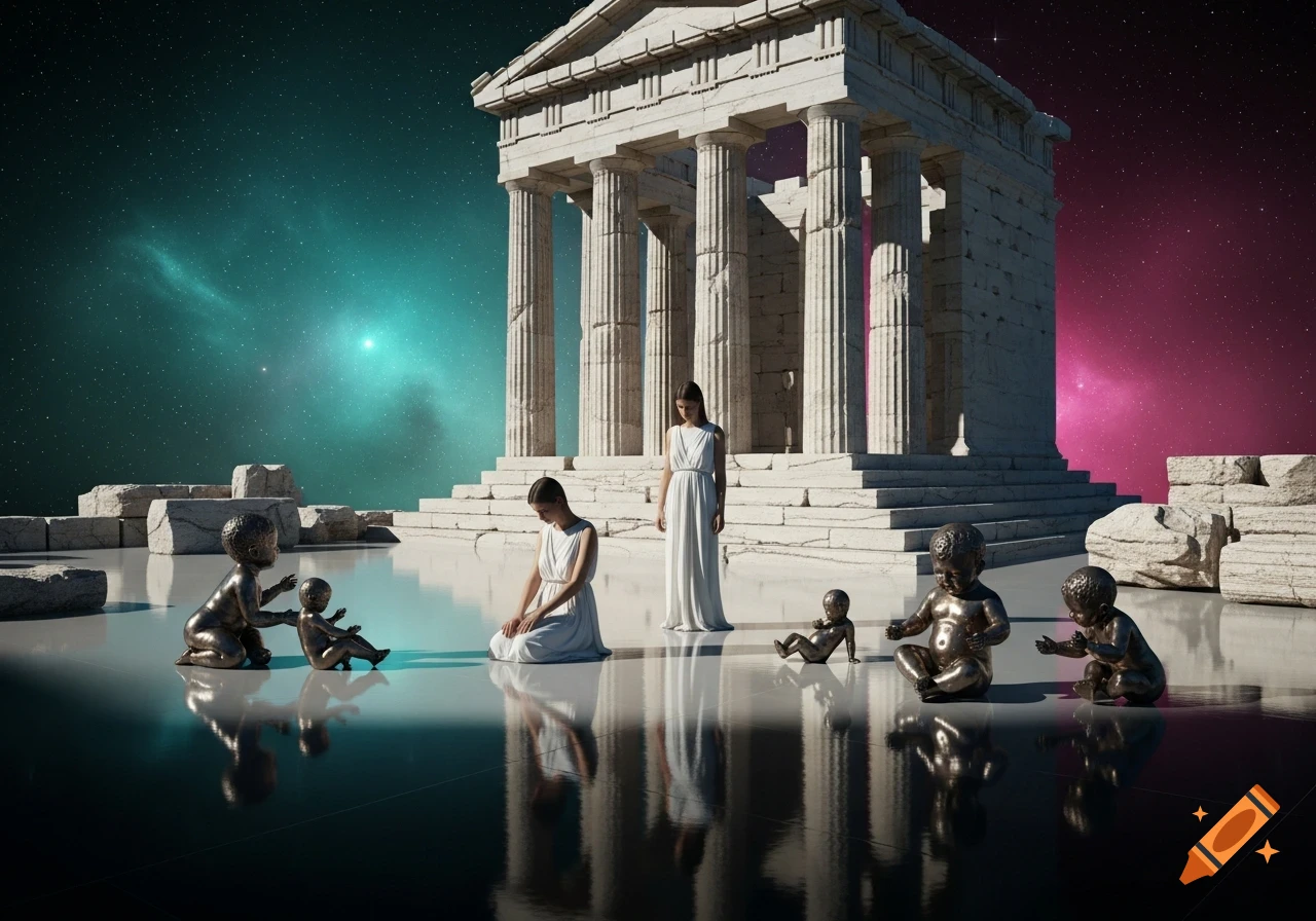 A surreal scene with an ancient Greek temple, two women in white robes, and bronze baby statues on a reflective floor under a starry teal and magenta sky.
