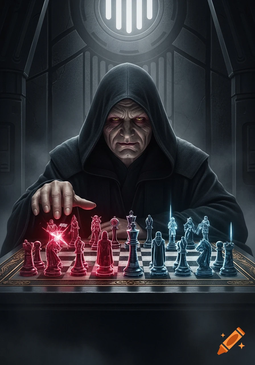Emperor Palpatine, in a dark hooded cloak, sits at a futuristic chessboard with glowing red and blue pieces, extending his hand.
