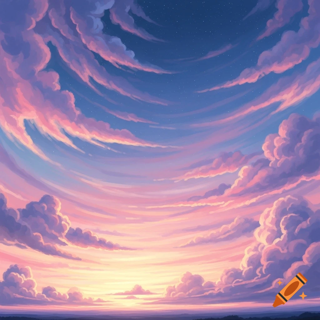 Stylized sky with swirling pink, purple, and pastel clouds during sunset or sunrise.